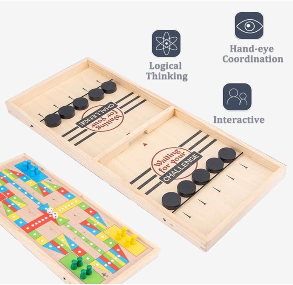 Premium Wooden Table Hockey Game Slingshot Games, Desktop Battle 2 in 1 Ice Board Games, Bouncing Chess Hockey Game, Interactive Table Desktop Battle Party Game for Adults Parent-Child